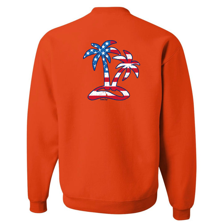 Orange sweatshirt with a palm tree design featuring American flags on the back.