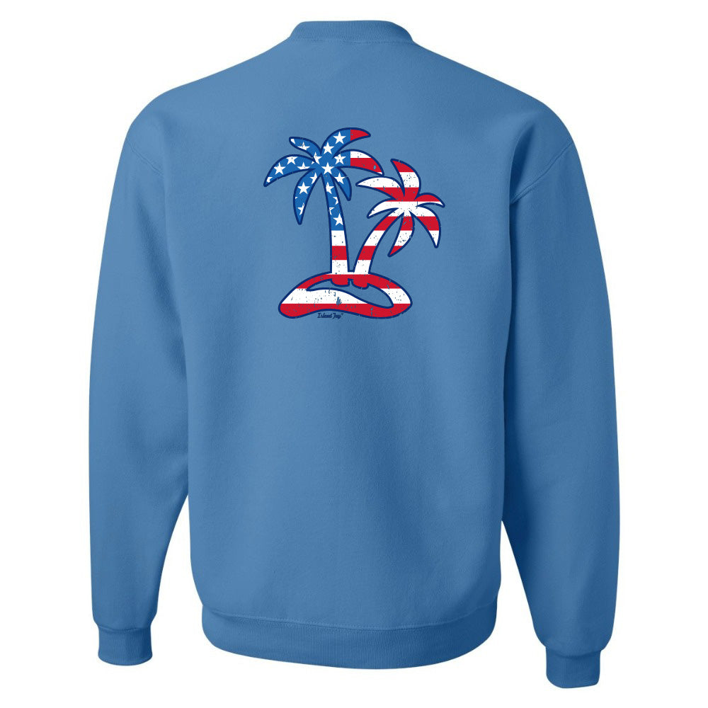 Blue sweatshirt with palm tree design featuring American flag colors on a white background