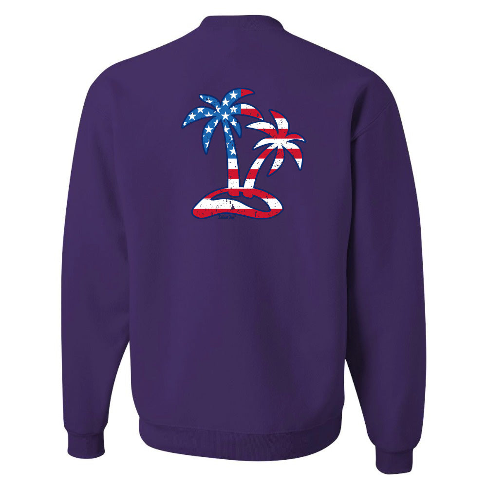 Purple sweatshirt with palm tree design on the back against a white background