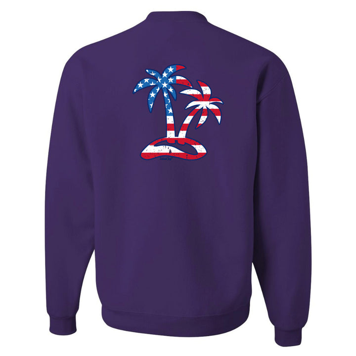 Purple sweatshirt with palm tree design on the back against a white background
