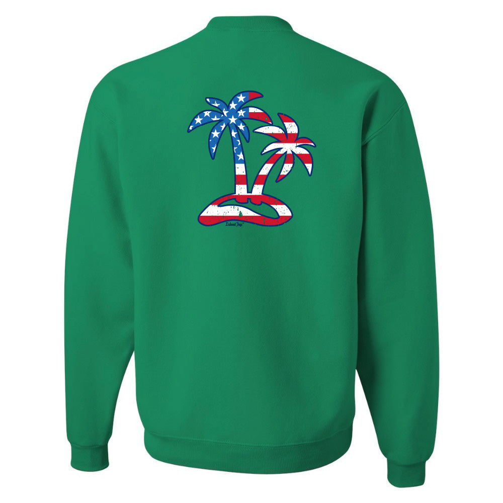 Green sweatshirt with American flag palm trees on the back against a white background
