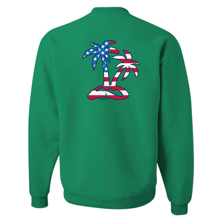 Green sweatshirt with American flag palm trees on the back against a white background