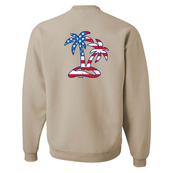 Beige sweatshirt with American flag palm trees on the back against a white background