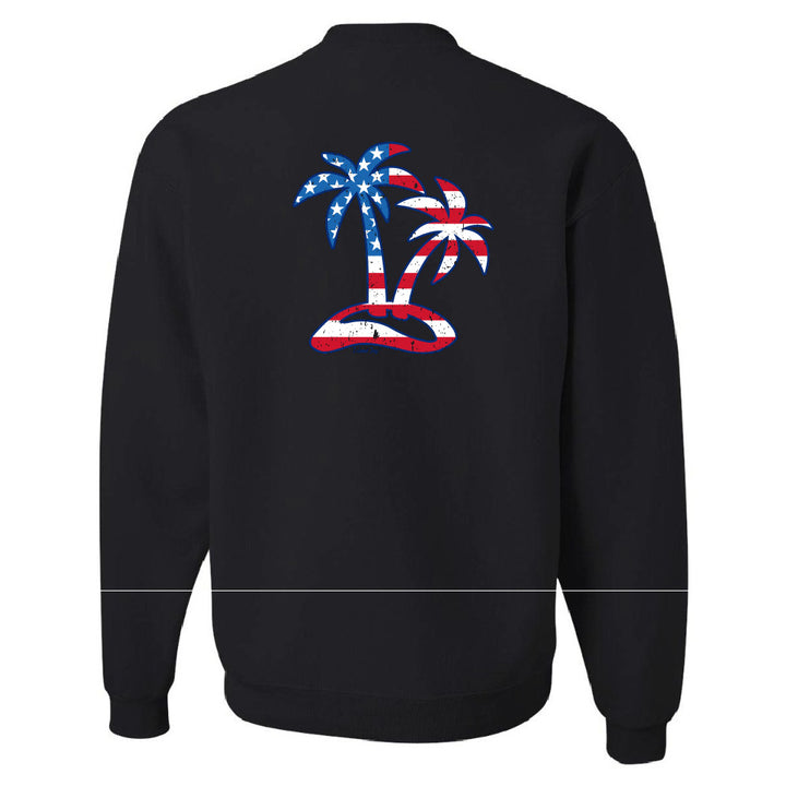 Black sweatshirt with a colorful palm tree design on the back against a white background