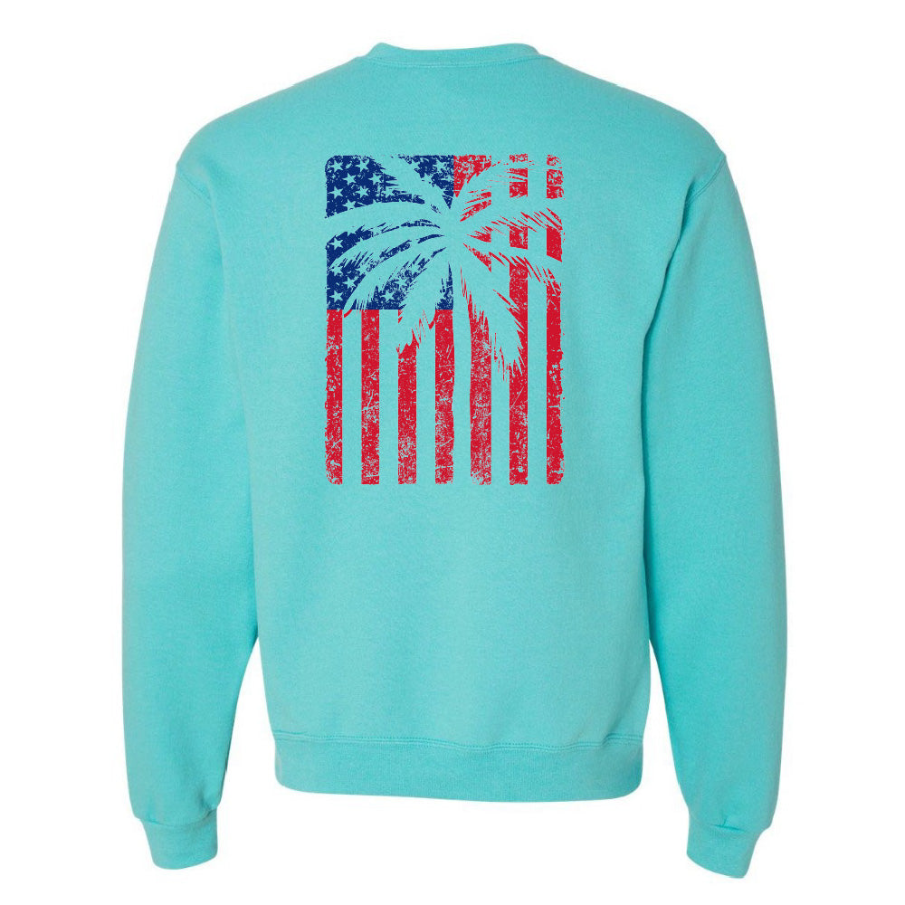 Turquoise sweatshirt with American flag design on the back against a white background