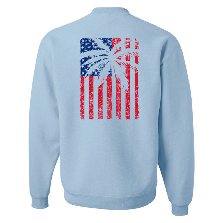 Light blue sweatshirt with American flag design on the back against a white background
