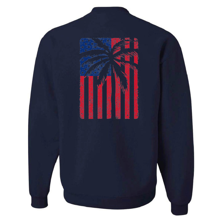 Navy blue sweatshirt with a palm tree design on an American flag on the back, on a white background.