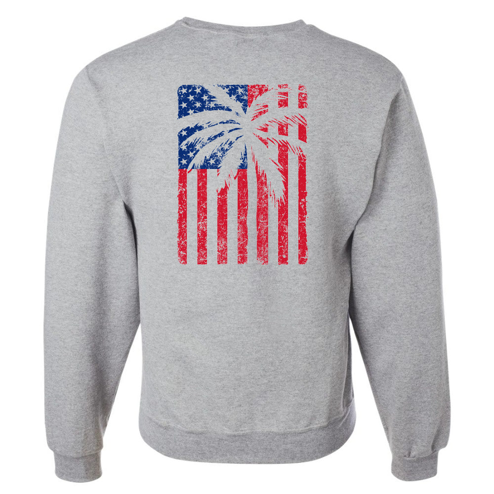 Gray sweatshirt with American flag and palm tree design on the back against a white background