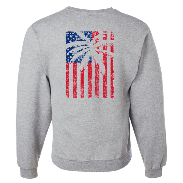 Gray sweatshirt with American flag and palm tree design on the back against a white background