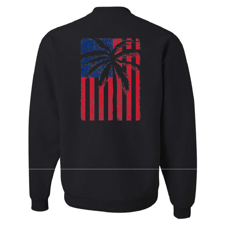 Black sweatshirt with a palm tree design on an American flag on the back, on a white background.