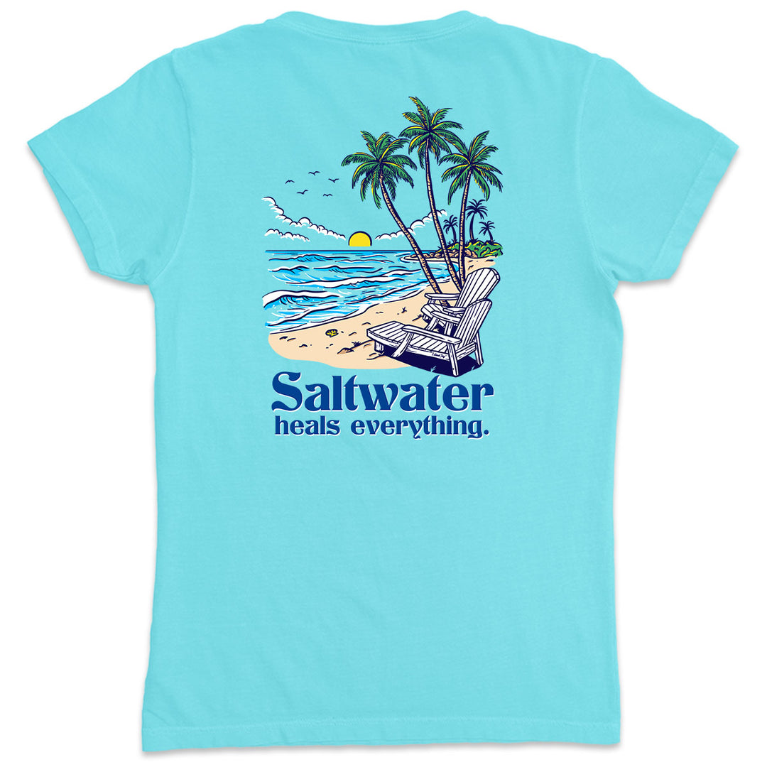 Women's Salt Water Heals Everything V-Neck T-Shirt AquaWomen's Saltwater Heals Everything V-Neck T-Shirt Aqua