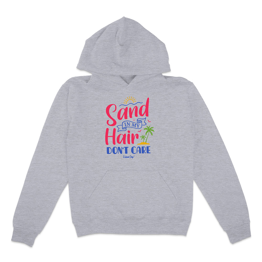 Gray hoodie with colorful text design on a white background