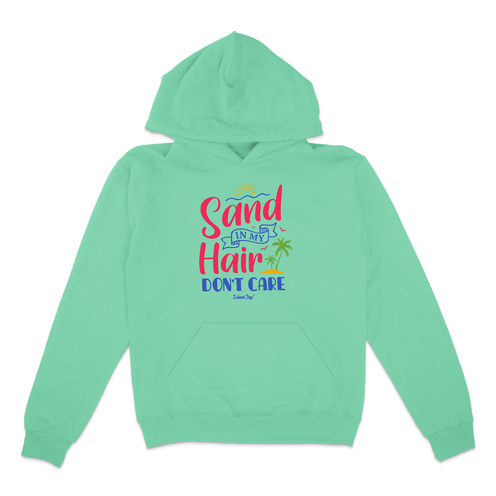 Mint green hoodie with colorful text design on a white background