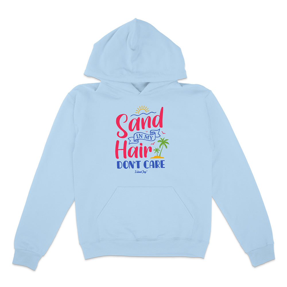 Light blue hoodie with colorful text design on a white background