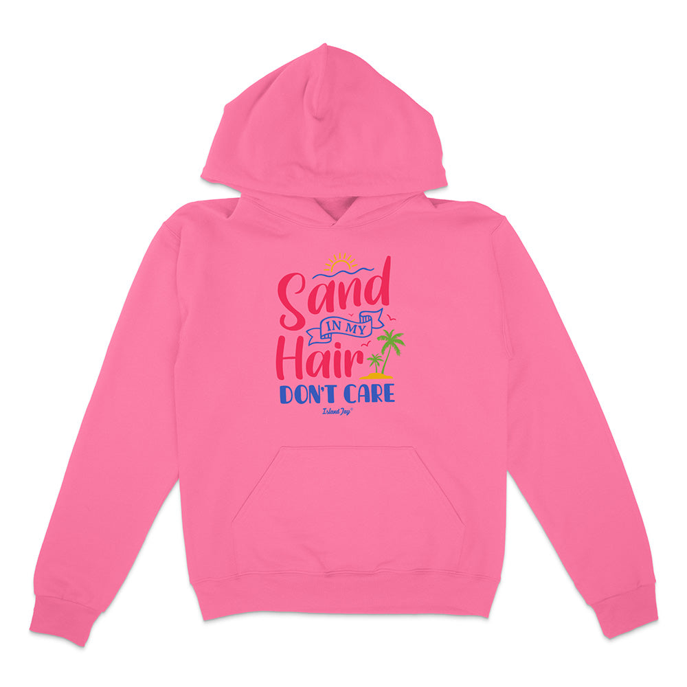 Pink hoodie with 'Sand in My Hair Don't Care' text on a white background