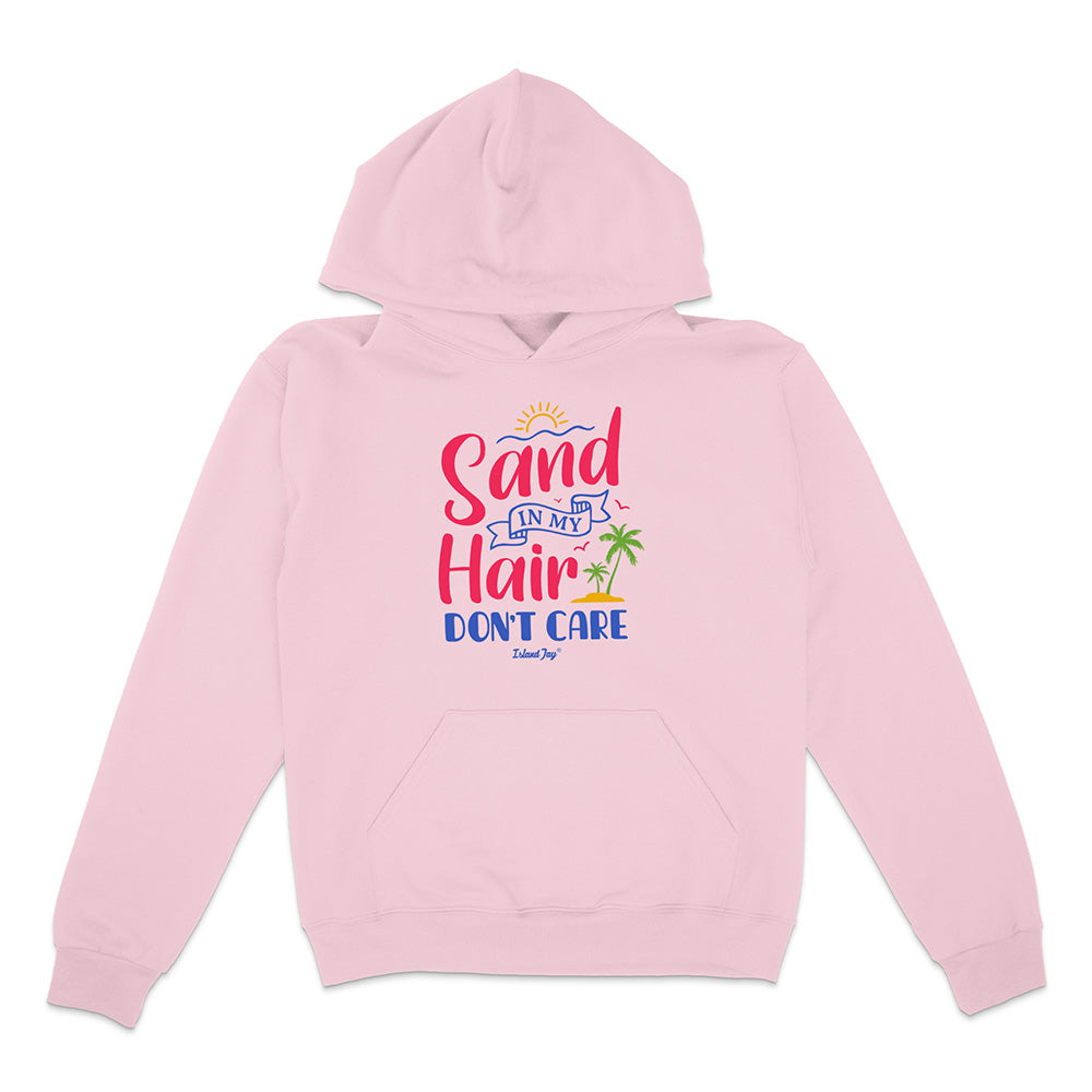 Pink hoodie with colorful text design on a white background