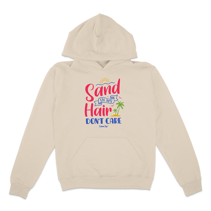 Beige hoodie with colorful text design on a white background
