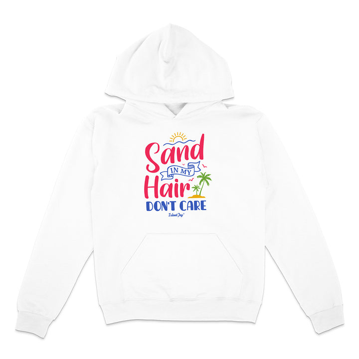 White hoodie with colorful text design on a white background