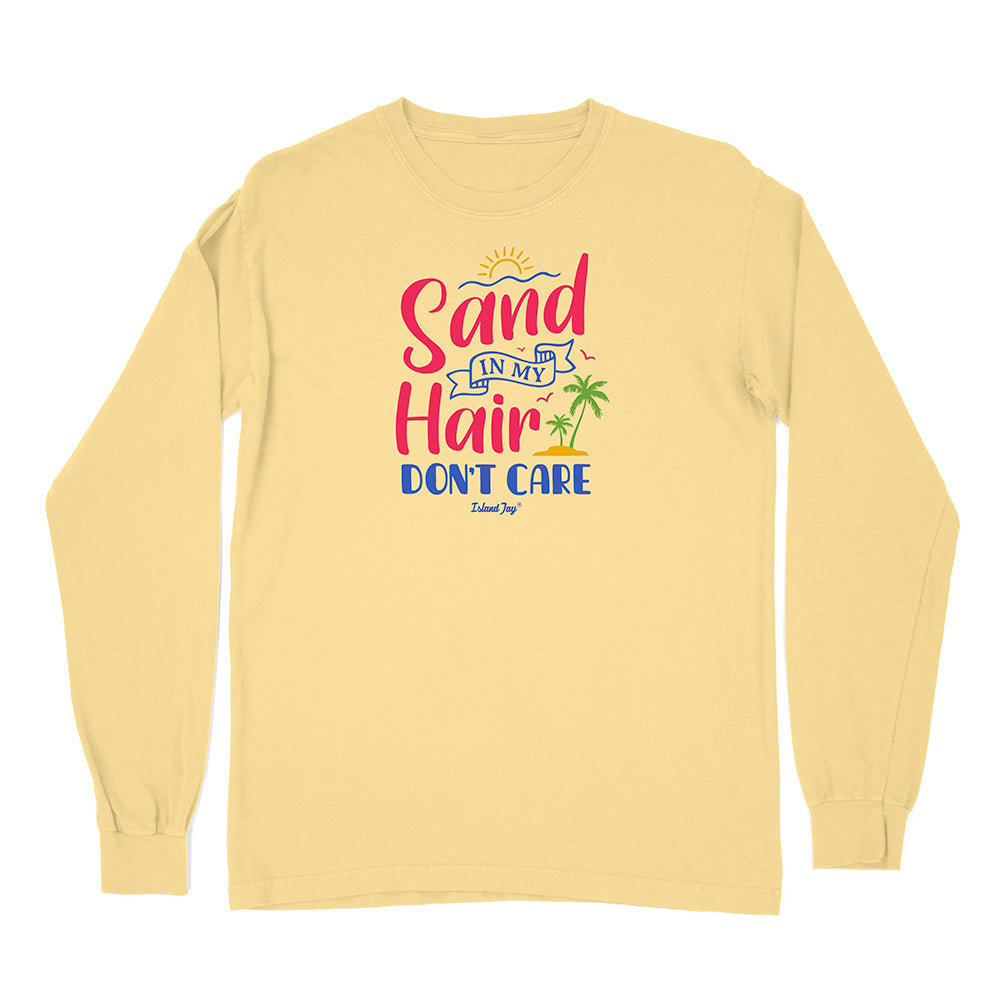 Yellow long-sleeve shirt with 'Sand in My Hair Don't Care' text and graphics on a white background