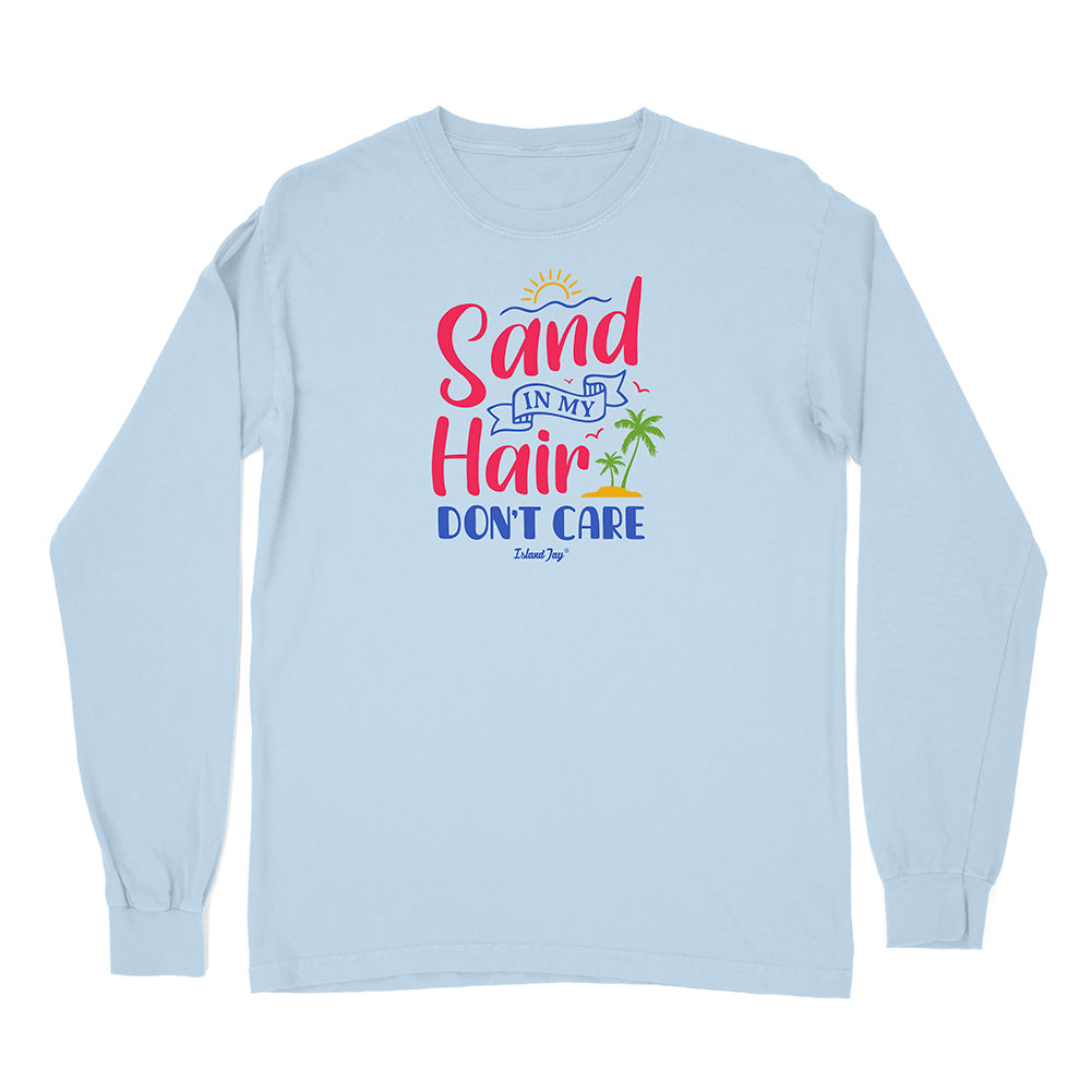 Light blue long-sleeve shirt with 'Sand in My Hair Don't Care' text and graphics on a white background