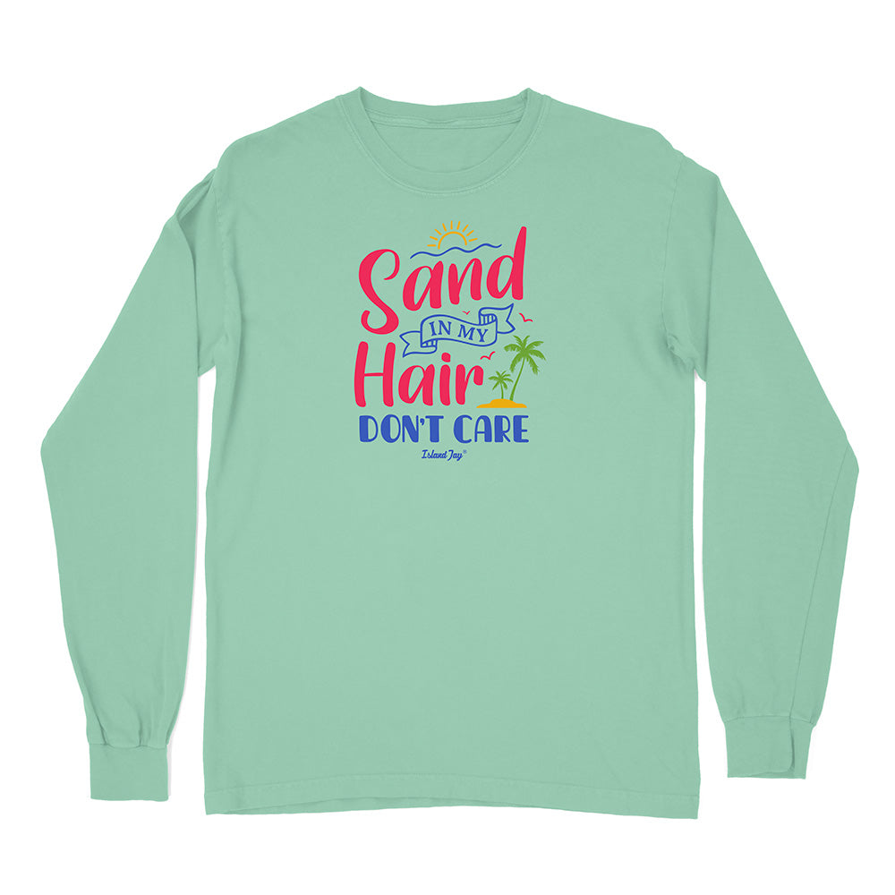 Mint green long-sleeve shirt with 'Sand in My Hair Don't Care' text and graphics on a white background
