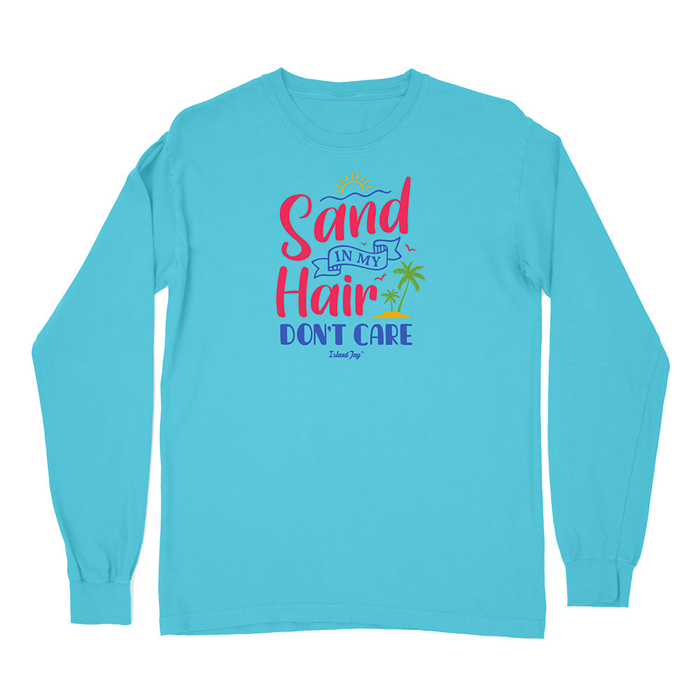 Blue long-sleeve shirt with 'Sand in My Hair Don't Care' text on a white background