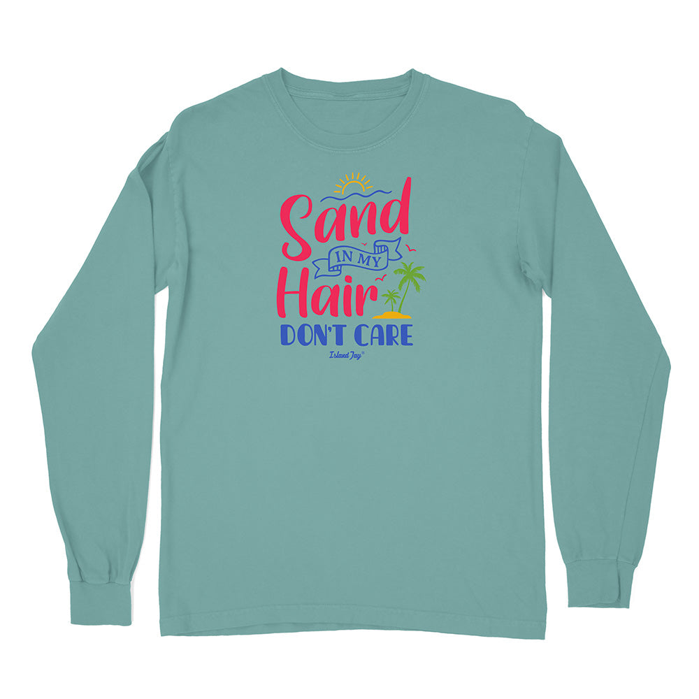 Teal long-sleeve shirt with 'Sand in My Hair Don't Care' text and graphics on a white background