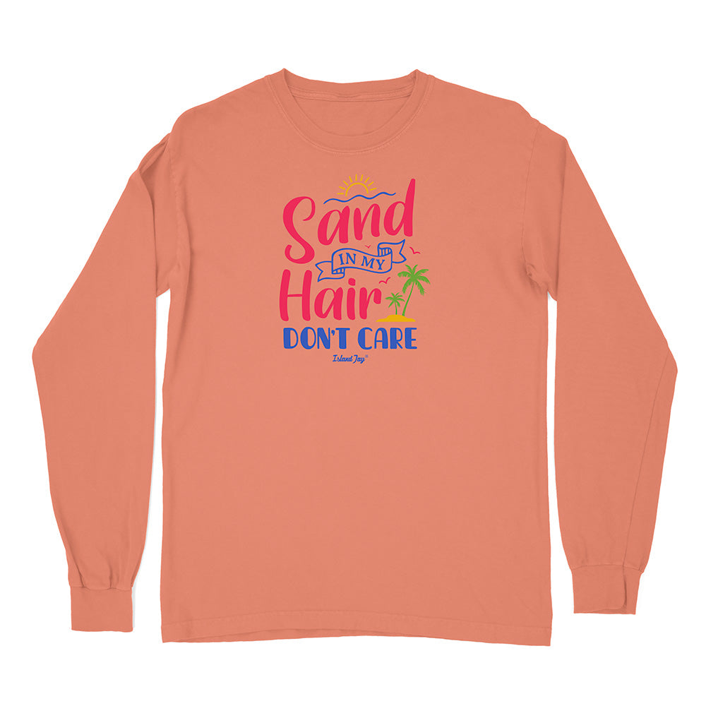 Coral long-sleeve shirt with 'Sand in My Hair Don't Care' text and graphics on a white background