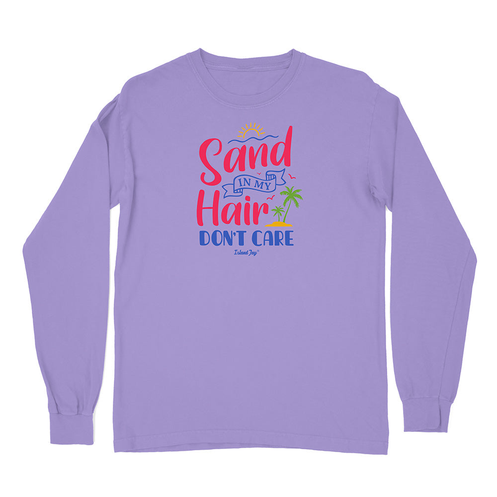 Purple long-sleeve shirt with 'Sand in My Hair Don't Care' text and graphics on a white background