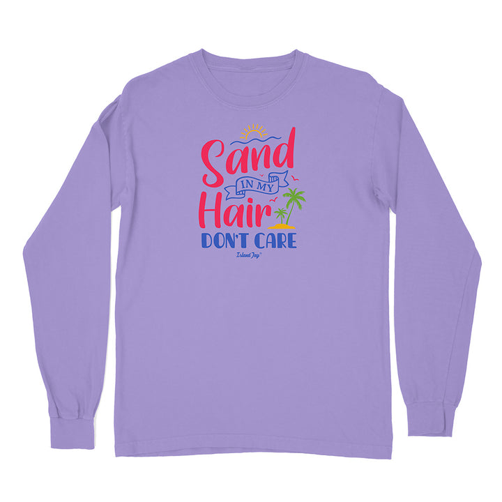 Purple long-sleeve shirt with 'Sand in My Hair Don't Care' text and graphics on a white background