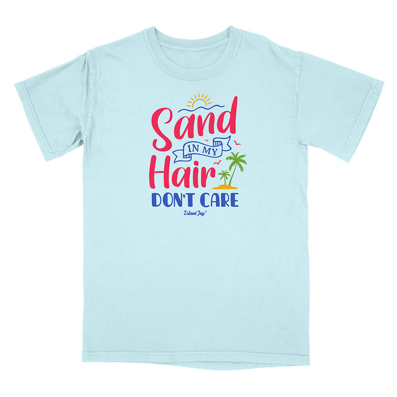 Light blue t-shirt with colorful text design on a white background