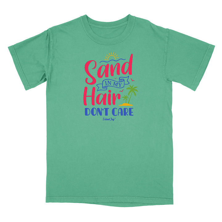 Green t-shirt with colorful text design on a white background