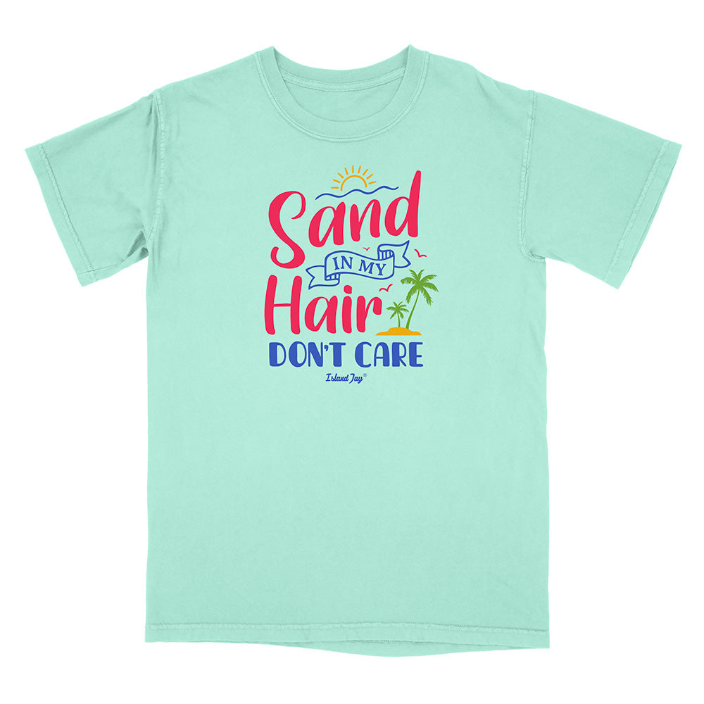 Mint green t-shirt with colorful text design on a white background
