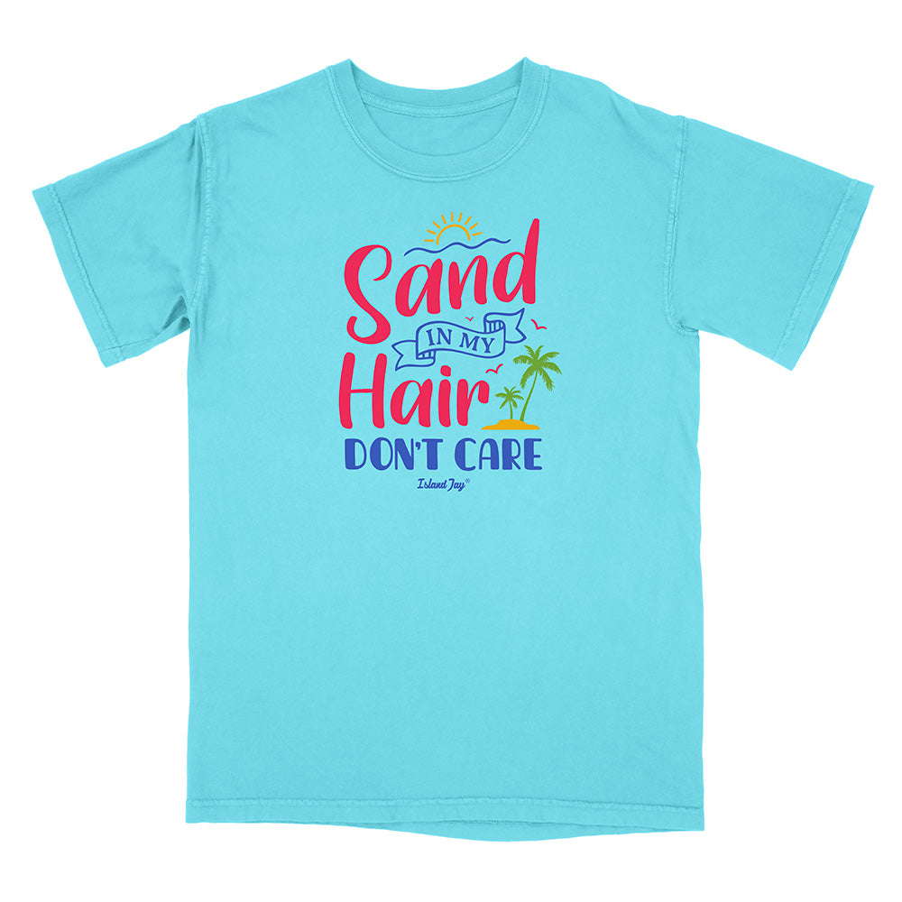 Light blue t-shirt with colorful text and graphics on a white background