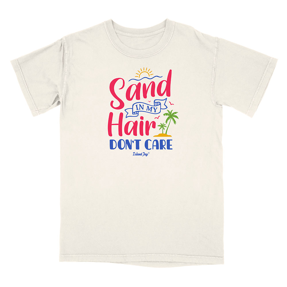 Beige t-shirt with colorful text and graphics on a white background