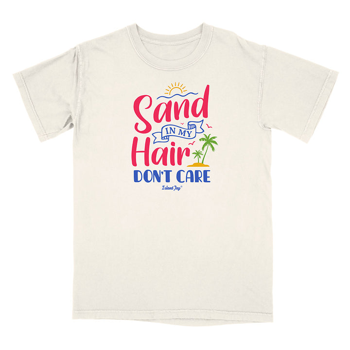 Beige t-shirt with colorful text and graphics on a white background