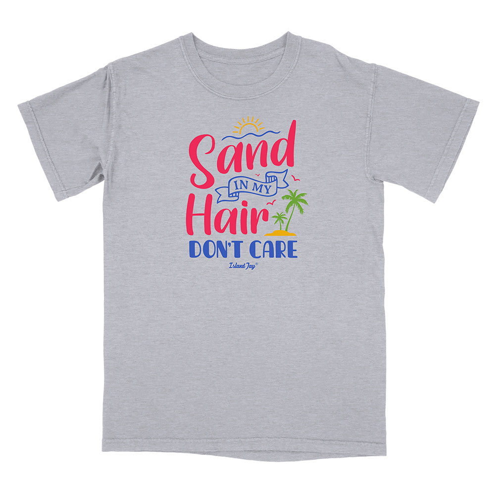 Gray t-shirt with colorful text and graphics on a white background