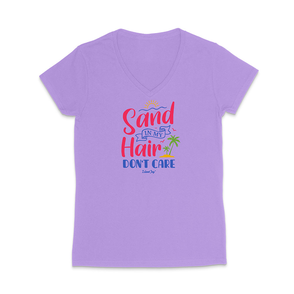 Violet t-shirt with colorful text reading "Sand In My Hair Don't Care" on a white background