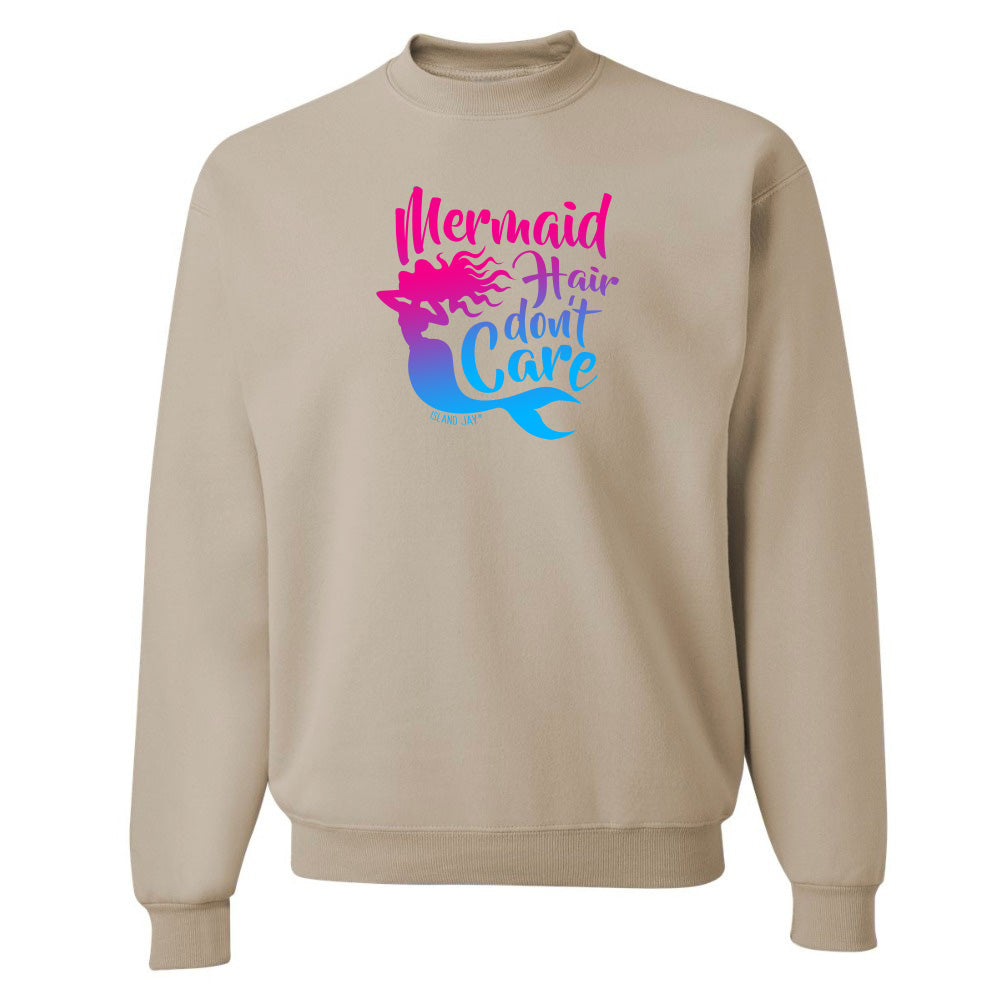 Beige sweatshirt with colorful mermaid graphic and text on a white background