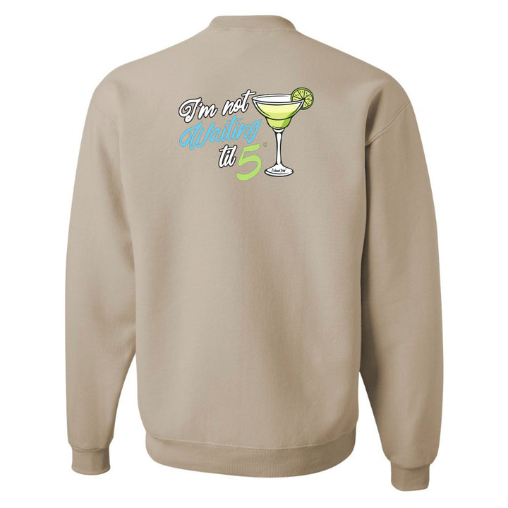Beige sweatshirt with a graphic and text on the back against a white background