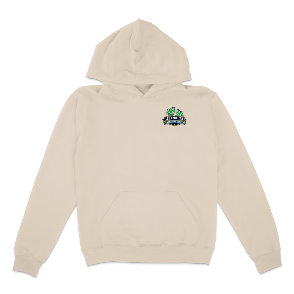 A light beige pullover hoodie with a small colorful graphic on the left chest, displayed against a solid white background.