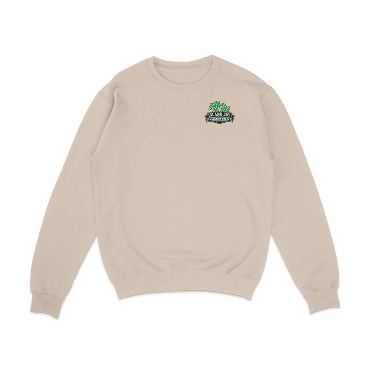 A beige crewneck sweatshirt with a small colorful graphic on the left chest featuring a green palm tree and the text 'GREEN PALMS COLUMBINE', displayed on a clean white background.