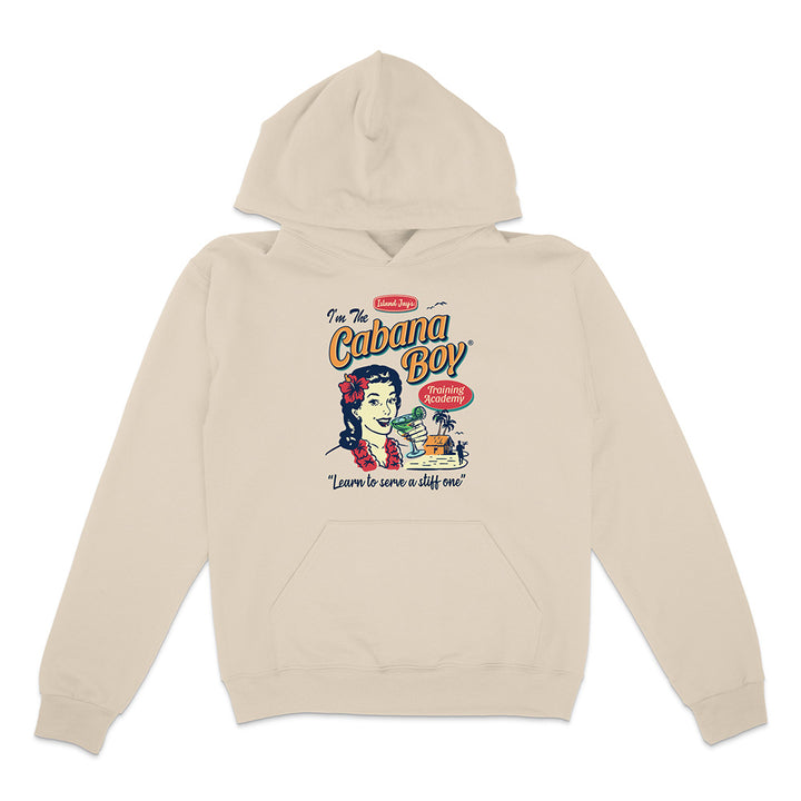 Beige hoodie with vintage beach graphic and text reading "I'm The Cabana Boy Training Academy - Learn to serve a stiff one" on a white background.