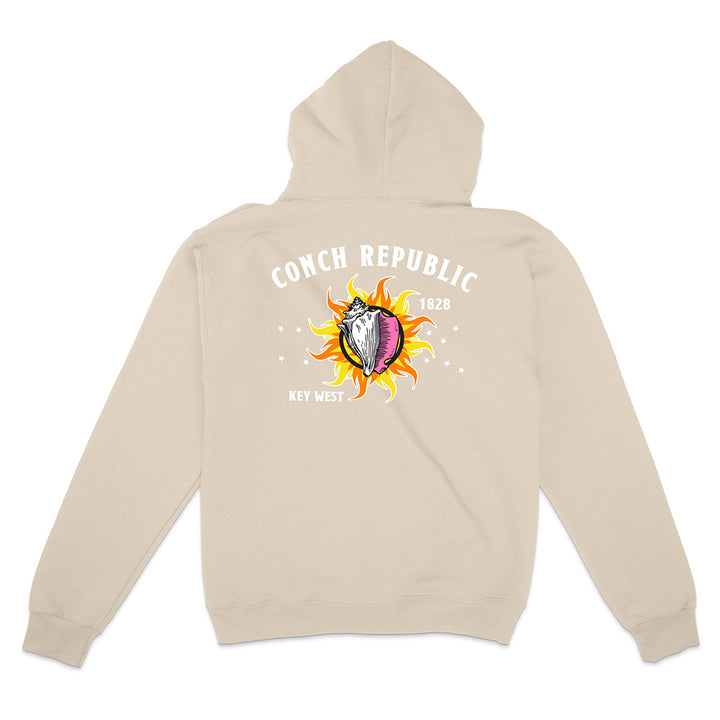 Beige Hoodie with Key West Flag Graphic text reading "Conch Republic Key West 1828" on a white background.