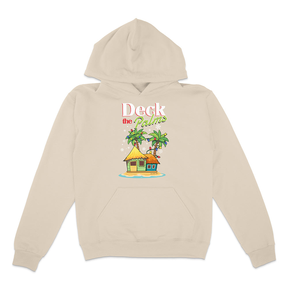 Sandstone Hoodie with a tropical hut and palm tree design with graphic text reading "Deck The Palms" on a white background.