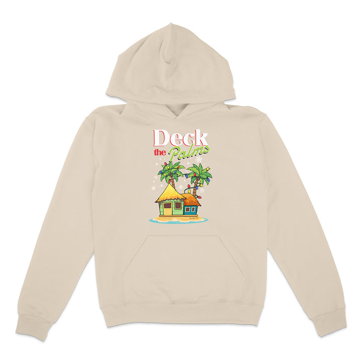 Sandstone Hoodie with a tropical hut and palm tree design with graphic text reading "Deck The Palms" on a white background.