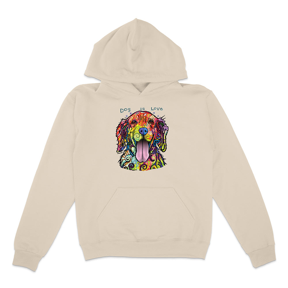 Beige hoodie with a colorful dog design and 'Dog is Love' text on a white background