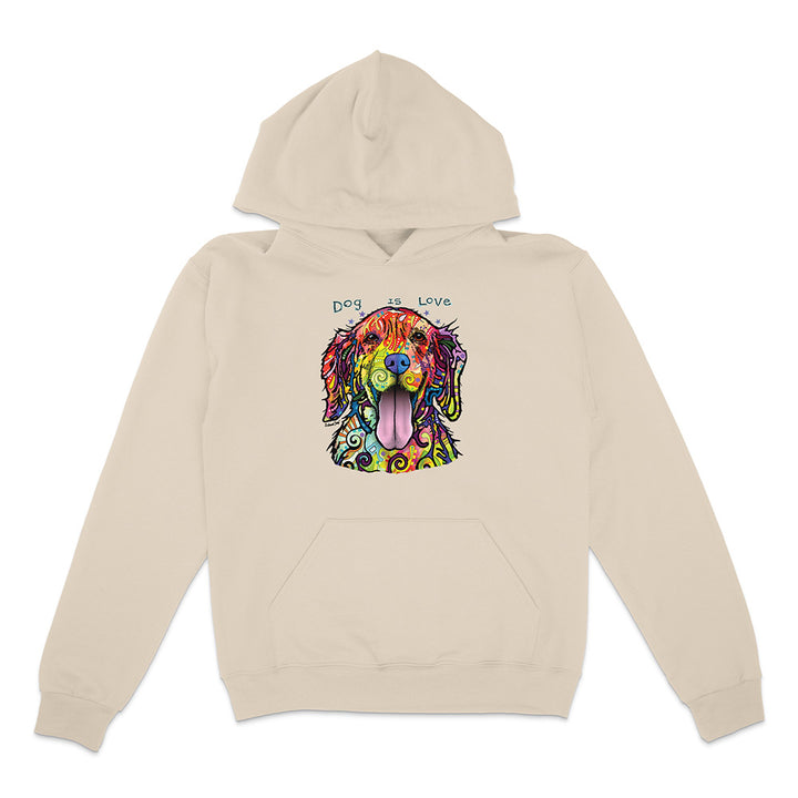 Beige hoodie with a colorful dog design and 'Dog is Love' text on a white background