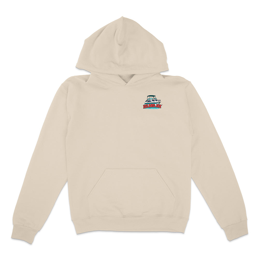 A light beige pullover hoodie with a small graphic on the left chest depicting a vintage car and the text 'SUNSET DRIVES'. The hoodie is displayed flat against a solid white background.