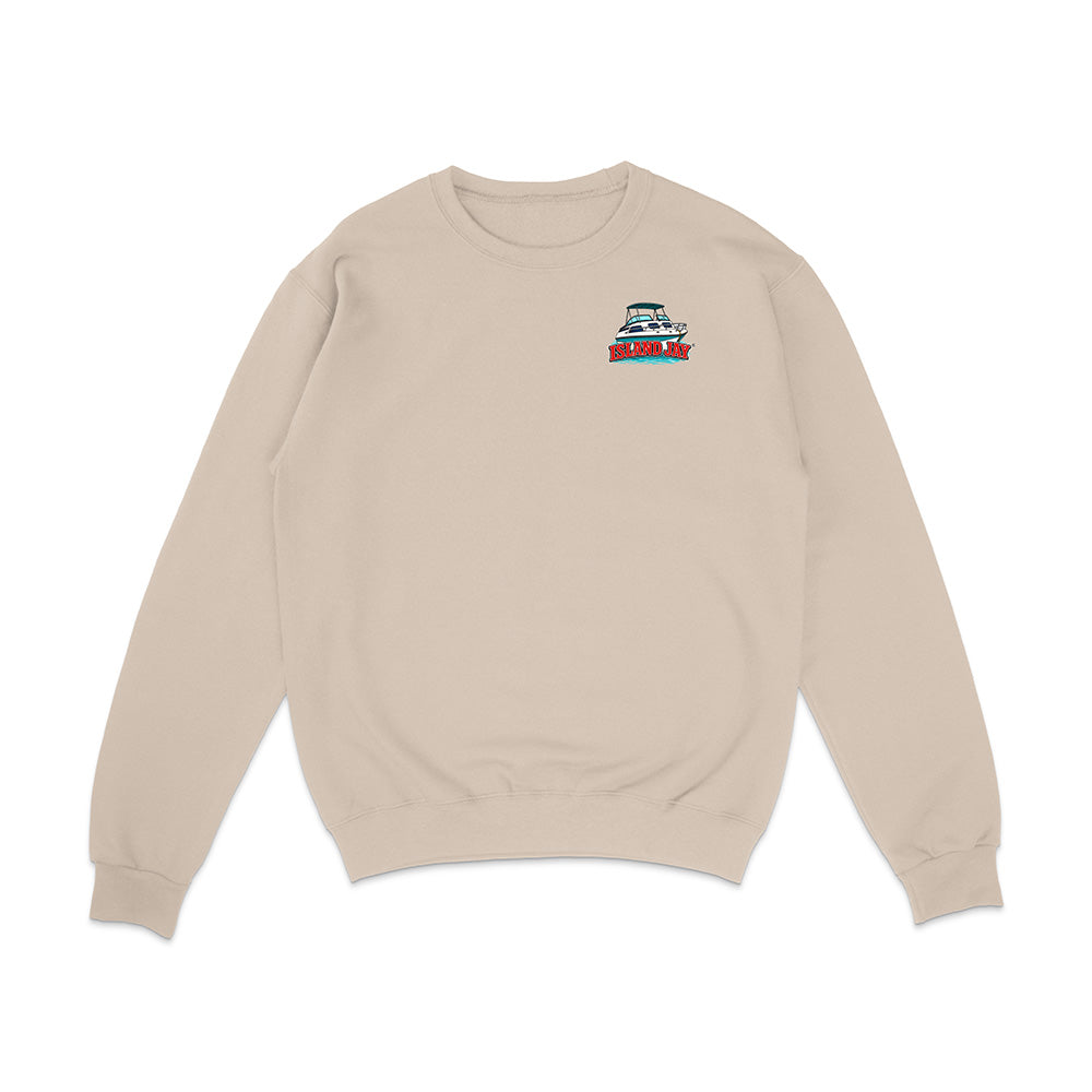 A light beige crewneck sweatshirt with a small graphic of a red and blue boat on the left chest, displayed on a clean white background.